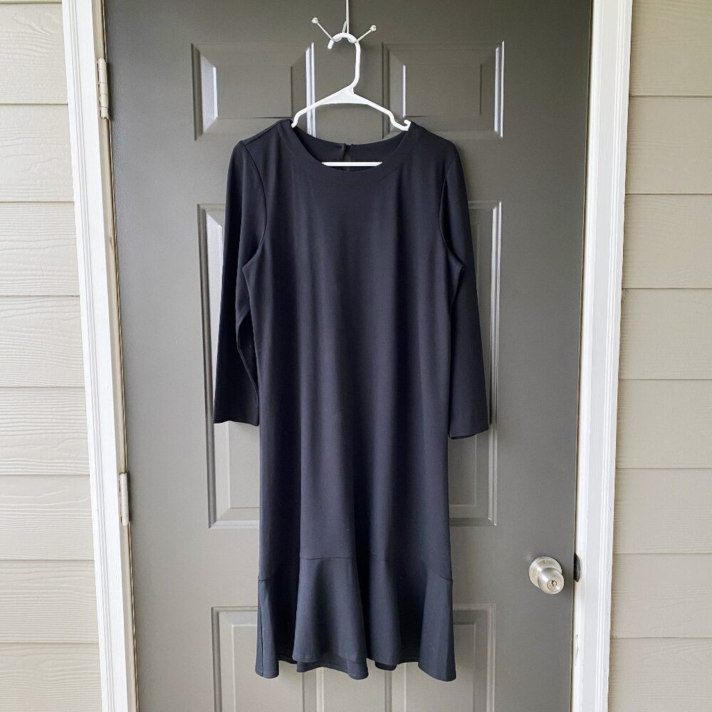 NEW J Jill Ponte 3/4 Sleeve Ruffled Bottom Black Midi Dress Medium M Tall